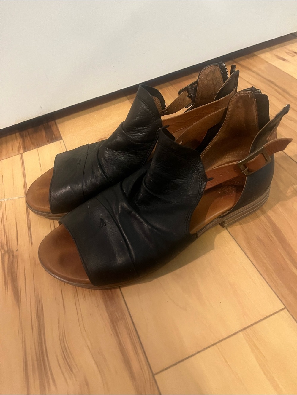 Miz Mooz Black and Brown Open-Toe Leather Ankle Sandals
